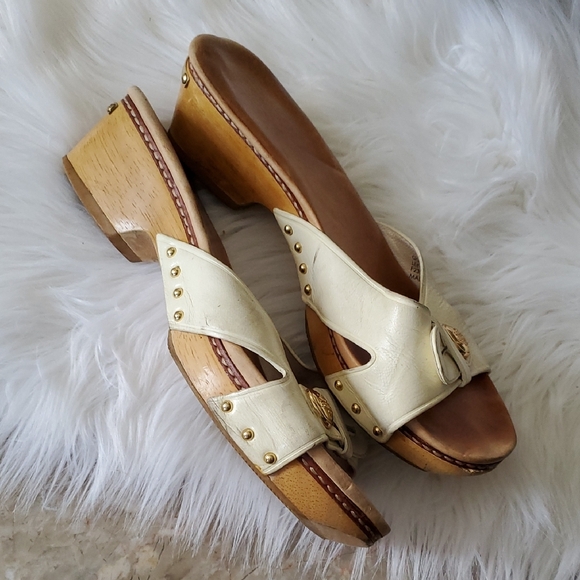 Vtg Coach Off White Cream   Mules with Wooden Bottom  Sz 8 - Picture 4 of 16